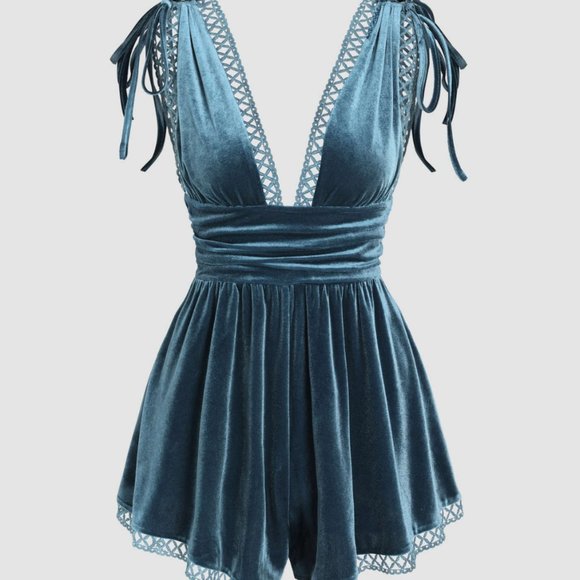 Medium Cider VELVET DEEP V DRAWSTRING PLAYSUIT - Picture 1 of 4